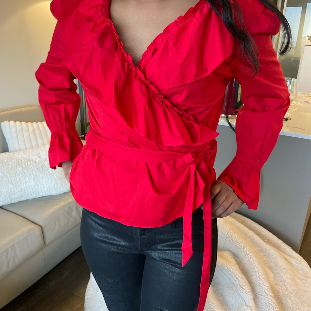 Rachel Parcell Red Ruffle Wrap Blouse - Picture 3 of 5